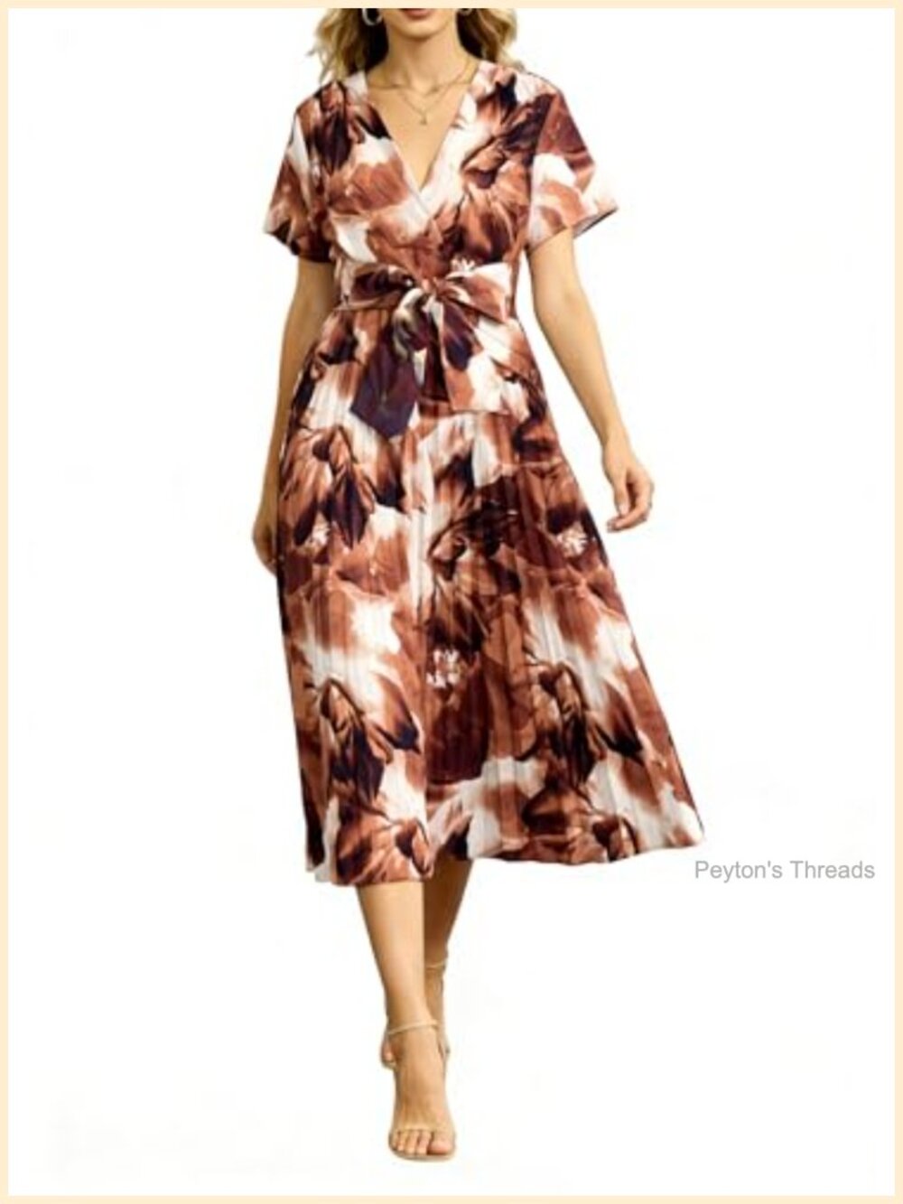 Women's Midi Dress Short Sleeve Wrap V Neck Sundress Tie Waist Polyester